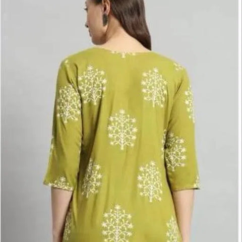 Printed Rayon Green Short Kurti For Girls and Women
