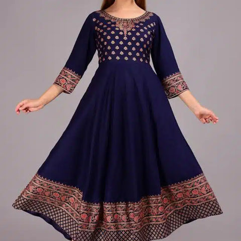 Rayon Printed Anarkali Kurti for Women (Blue, S)